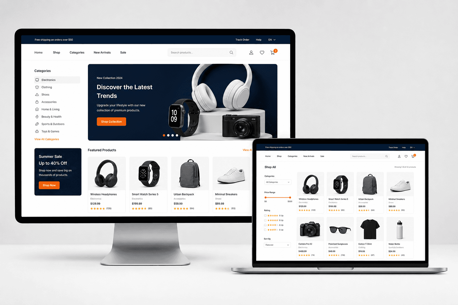 Plateforme e-commerce moderne sur écran desktop