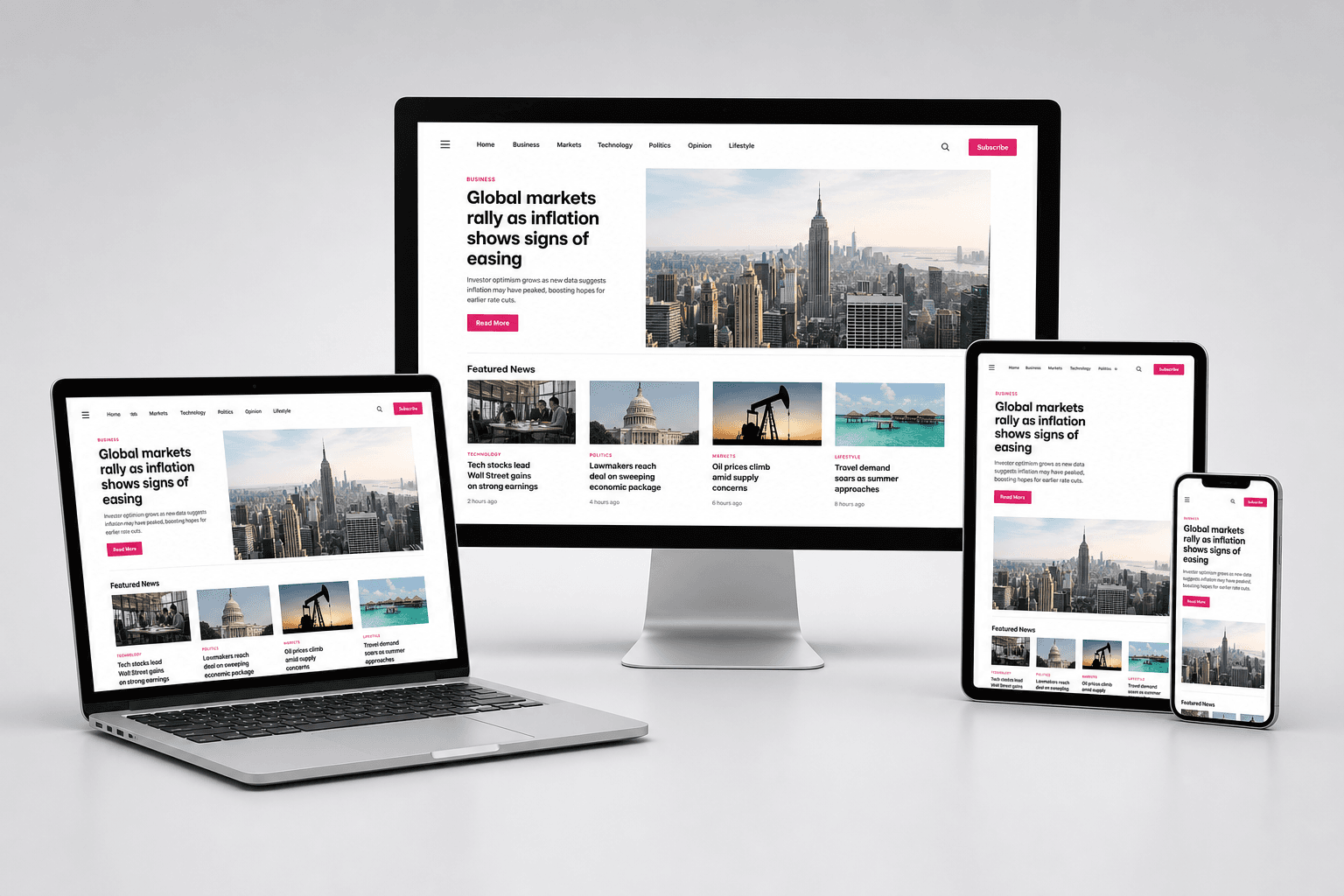 Site web responsive affiché sur ordinateur, tablette, laptop et smartphone