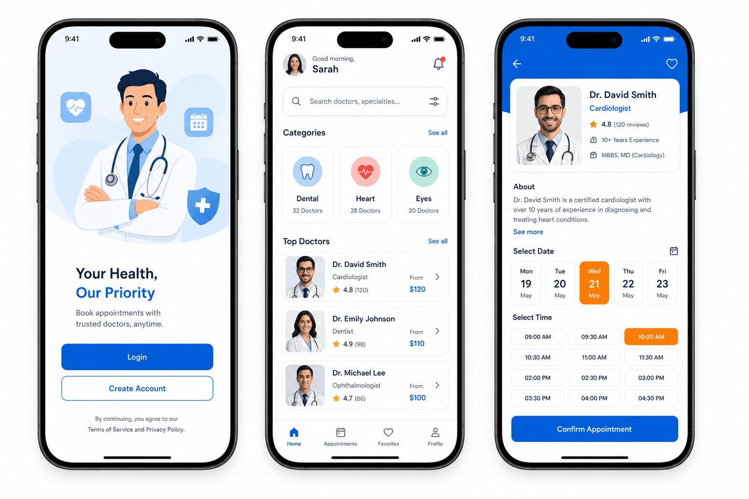 Maquettes d'application mobile de prise de rendez-vous médical sur iPhone