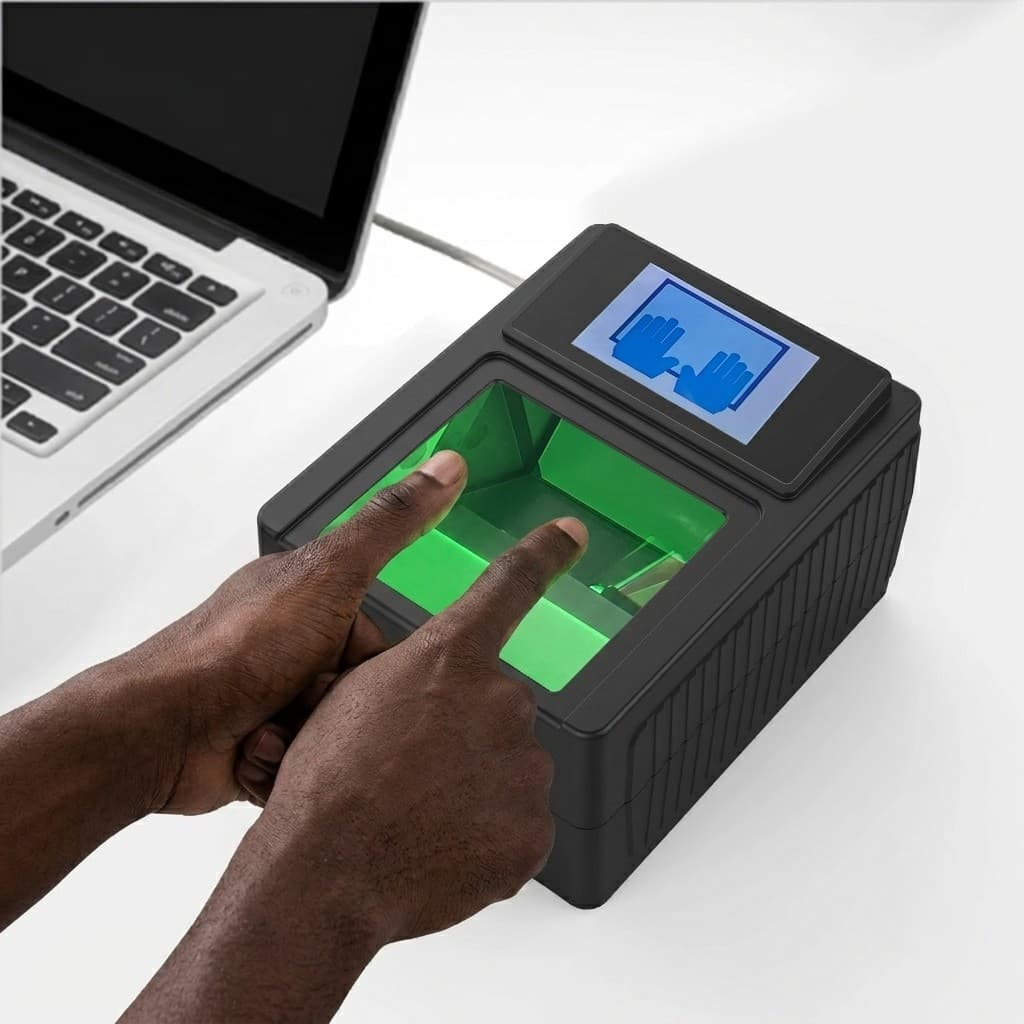Scan d'empreintes sur lecteur biométrique connecté à un ordinateur portable