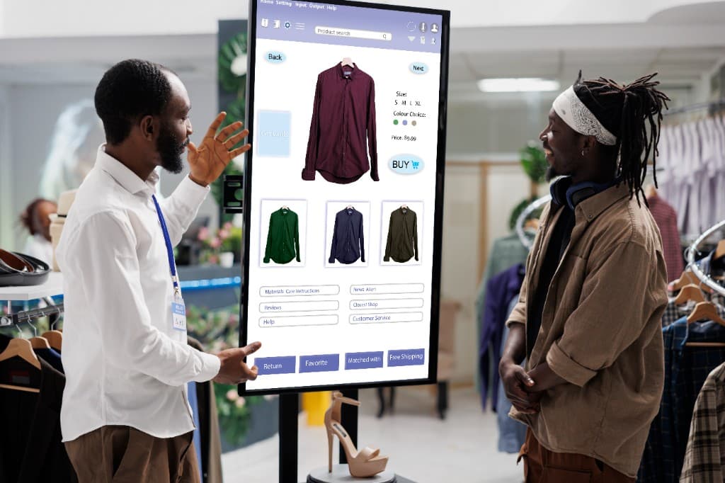 Conseiller et client devant une borne digitale e-commerce en magasin