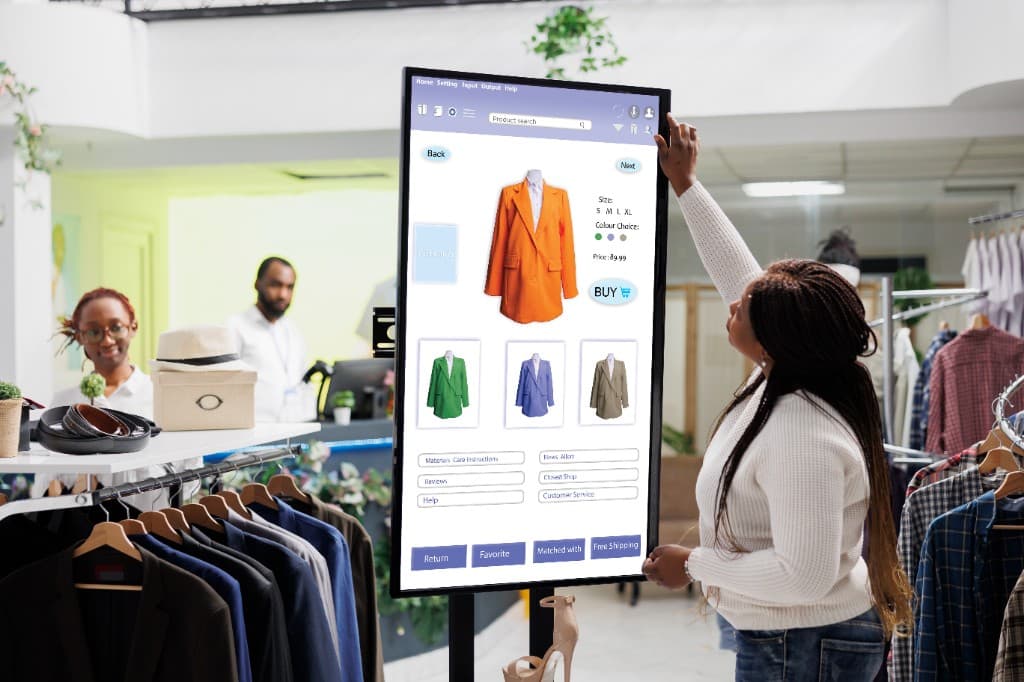 Cliente utilisant une borne tactile e-commerce dans un magasin de vêtements
